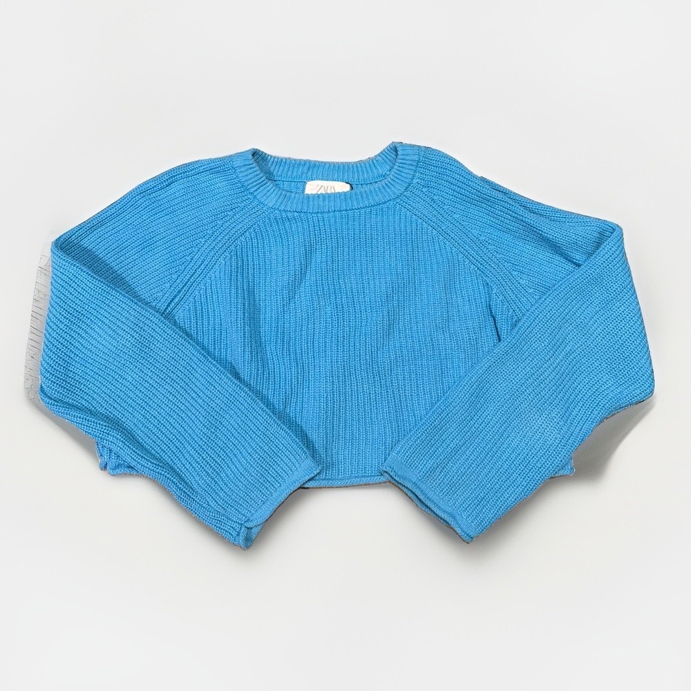 Zara Cropped Sky Blue Knit Sweater Women's Size 13/14 Long Sleeve